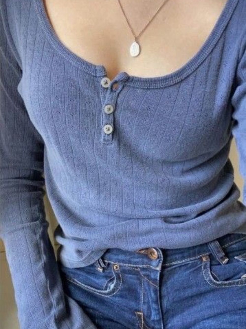 Brandy Melville Blue Ribbed Henley Long Sleeve Top